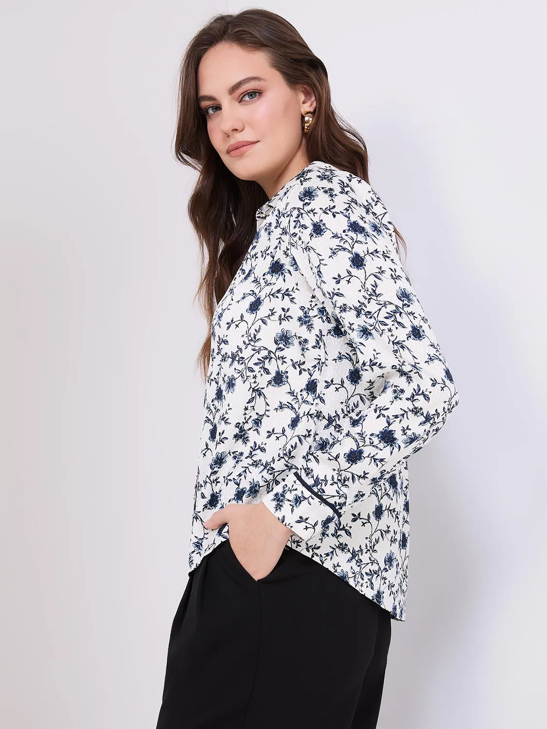 Textured Floral Print Button-Front Blouse sold by Suzy Shier product image thumbnail 4