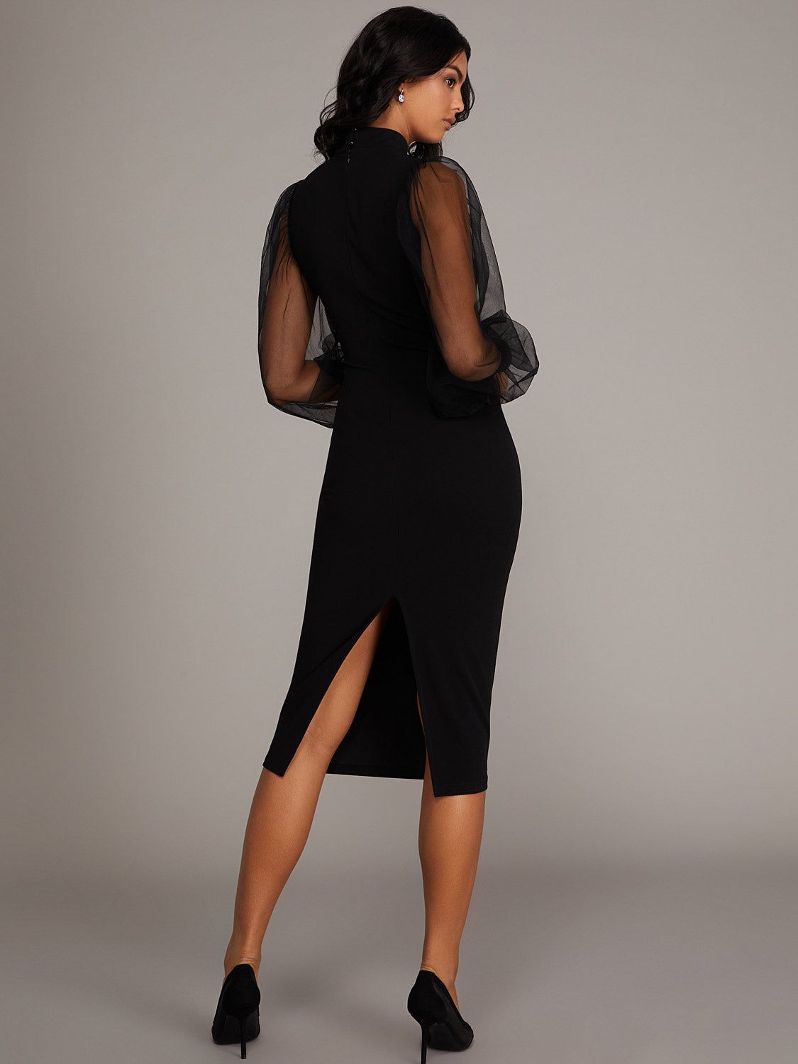 Mock Neck Fitted Midi Dress With Long Mesh Puff Sleeves sold by Suzy Shier product image thumbnail 4