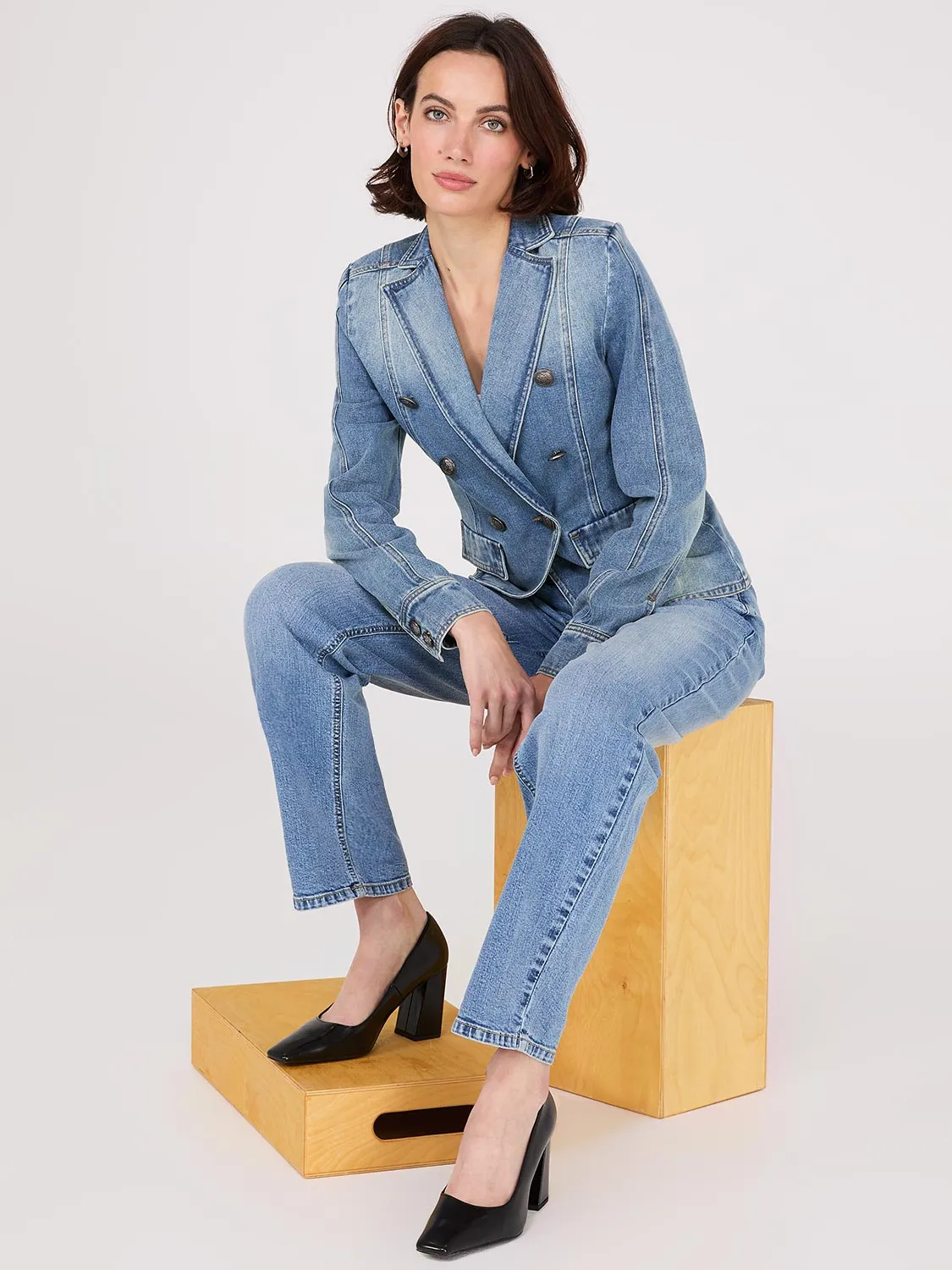Denim Double-Breasted Blazer sold by Suzy Shier