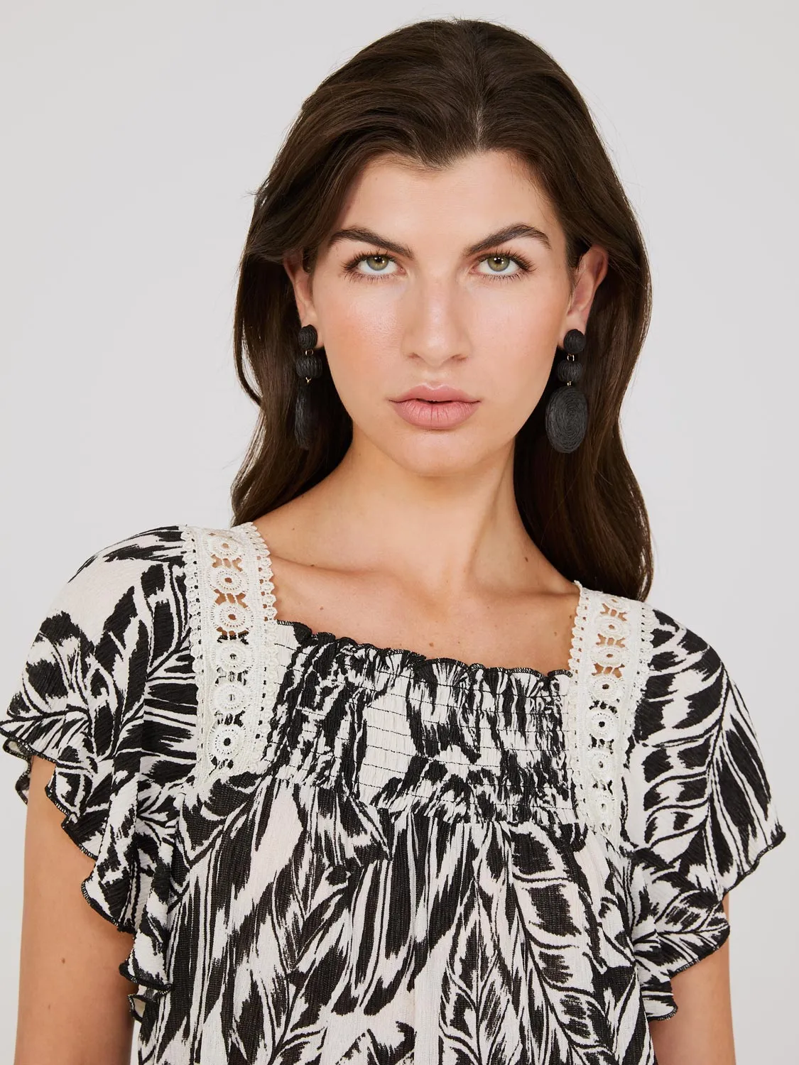Leaf Print Textured Top With Crochet Details sold by Suzy Shier product image thumbnail 3