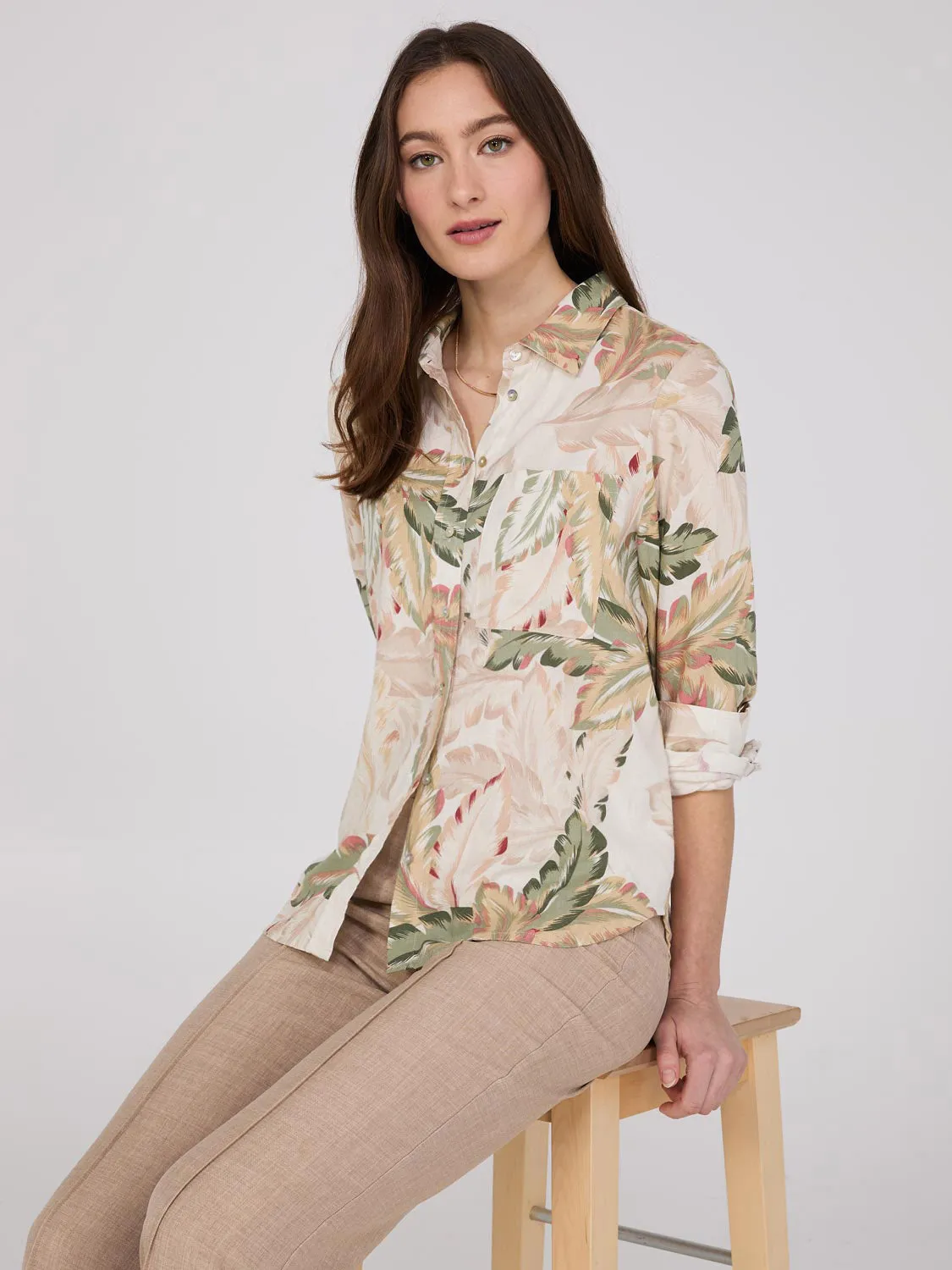 Tropical Linen Button-Front Blouse sold by Suzy Shier