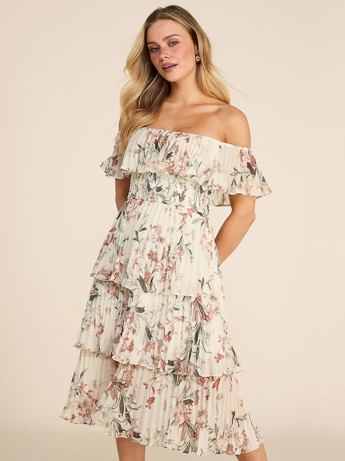 Floral Print Off-The-Shoulder Popover Midi Dress sold by Suzy Shier product image thumbnail 3