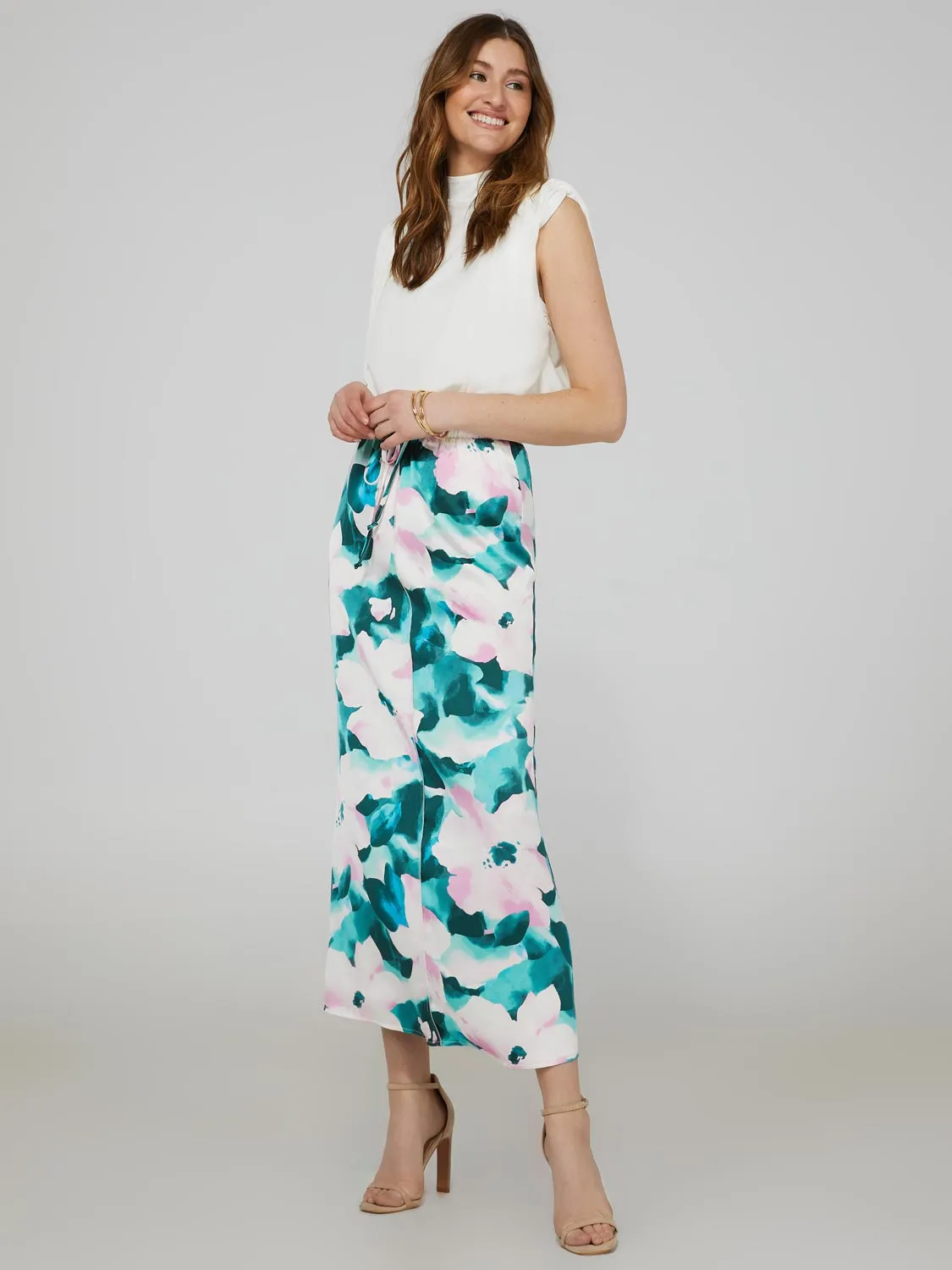 Satin Floral Print Maxi Skirt With Drawstring sold by Suzy Shier