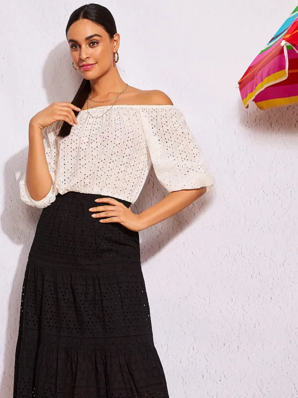 Eyelet Crop Top With Puff Sleeves sold by Suzy Shier