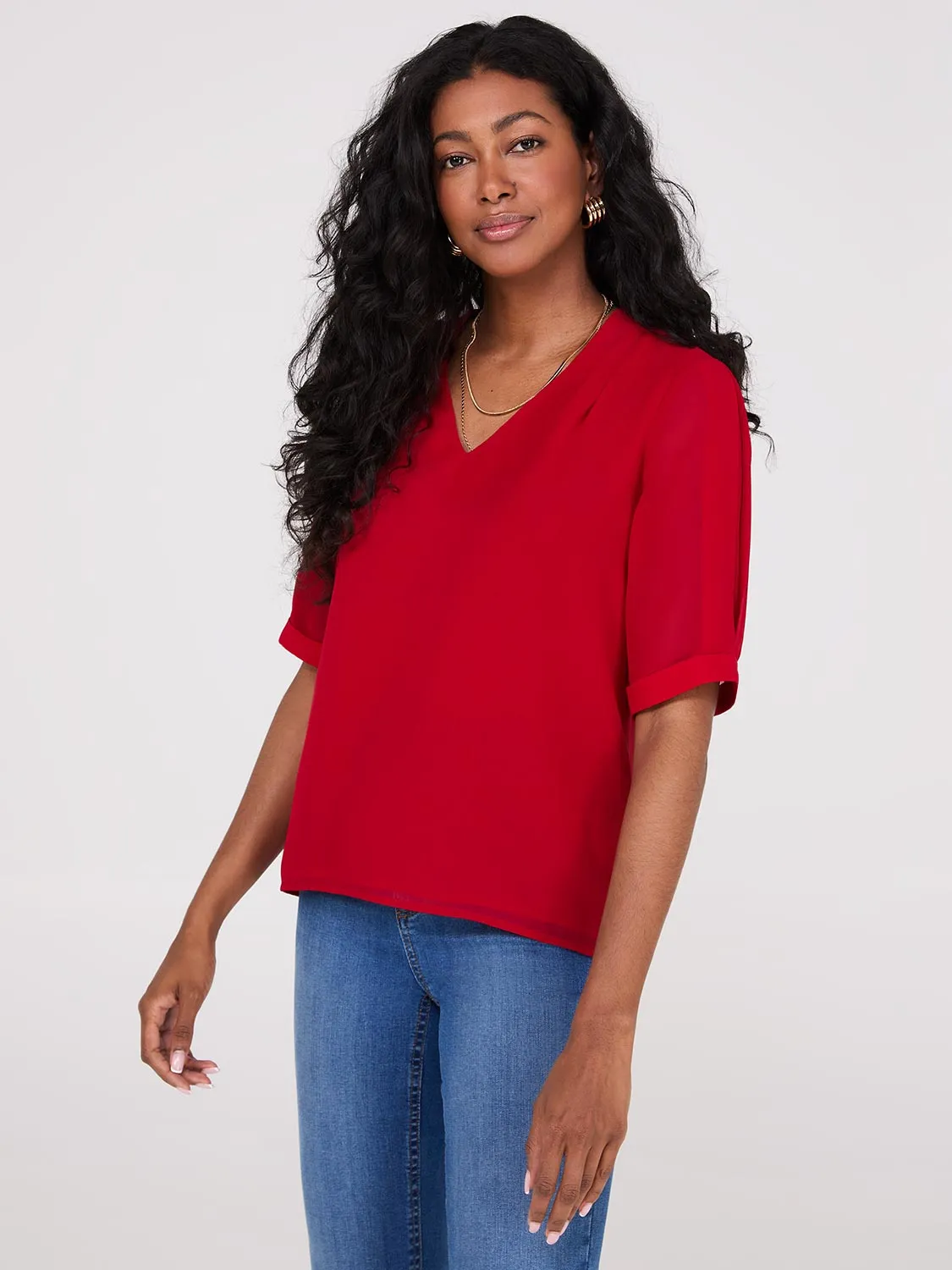 Chiffon V-Neck Pleated Popover Blouse sold by Suzy Shier