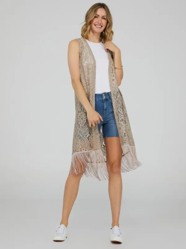 Sleeveless Lace Cardigan With Bottom Fringe sold by Suzy Shier