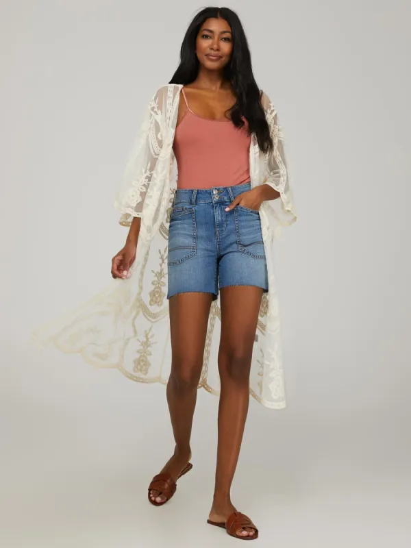 Embroidered Mesh Midi Kimono sold by Suzy Shier