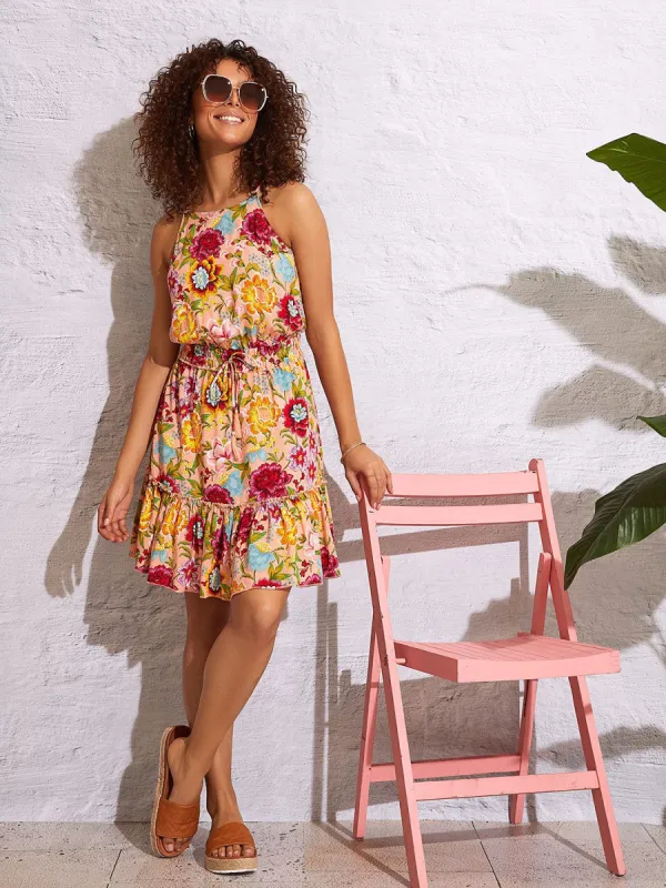 Floral Print Halter Neck Dress With Smocked Waistband sold by Suzy Shier