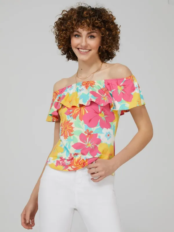 Printed Frilly Off-The-Shoulder Top sold by Suzy Shier