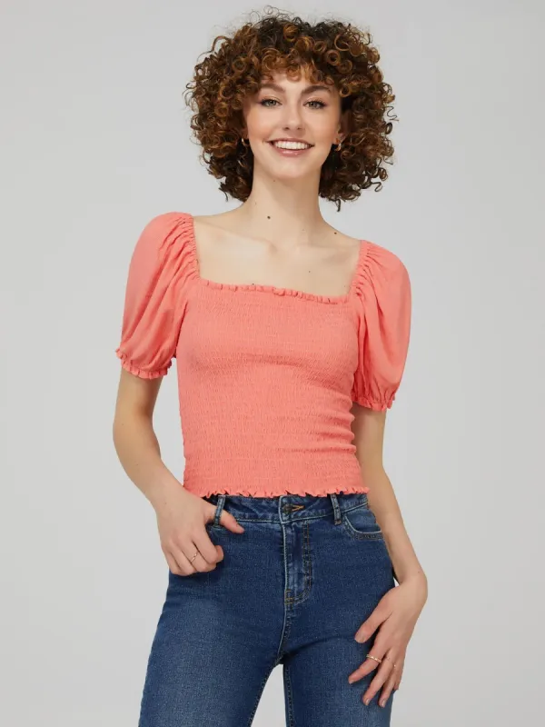 Smocked Square Neck Top With Puff Sleeves sold by Suzy Shier