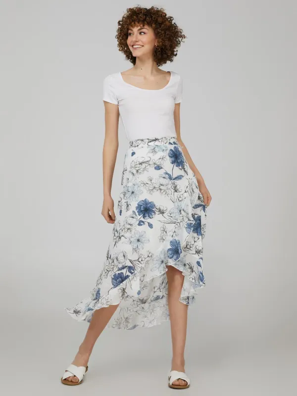 Printed High-Low Skirt With Ruffle Hem sold by Suzy Shier