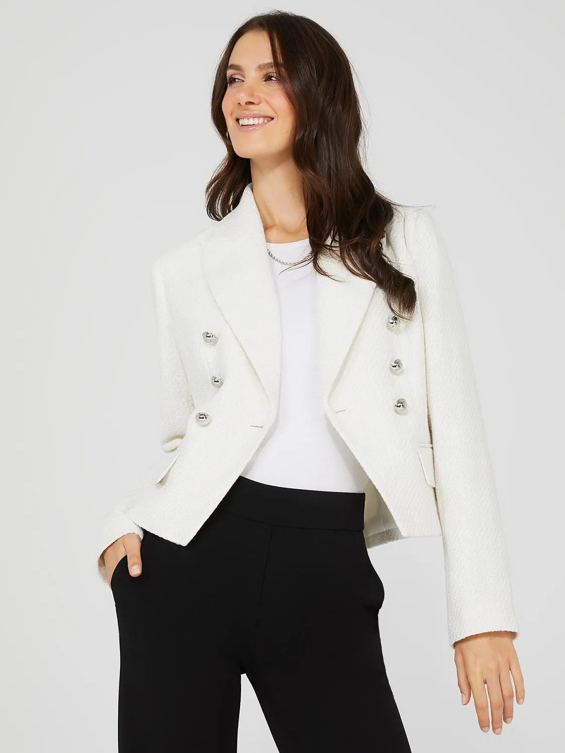 Waisted Metallic Double-Breasted Boucle Blazer sold by Suzy Shier product image thumbnail 3