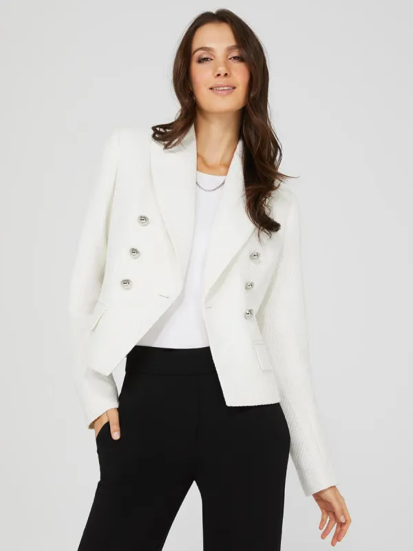 Waisted Metallic Double-Breasted Boucle Blazer sold by Suzy Shier