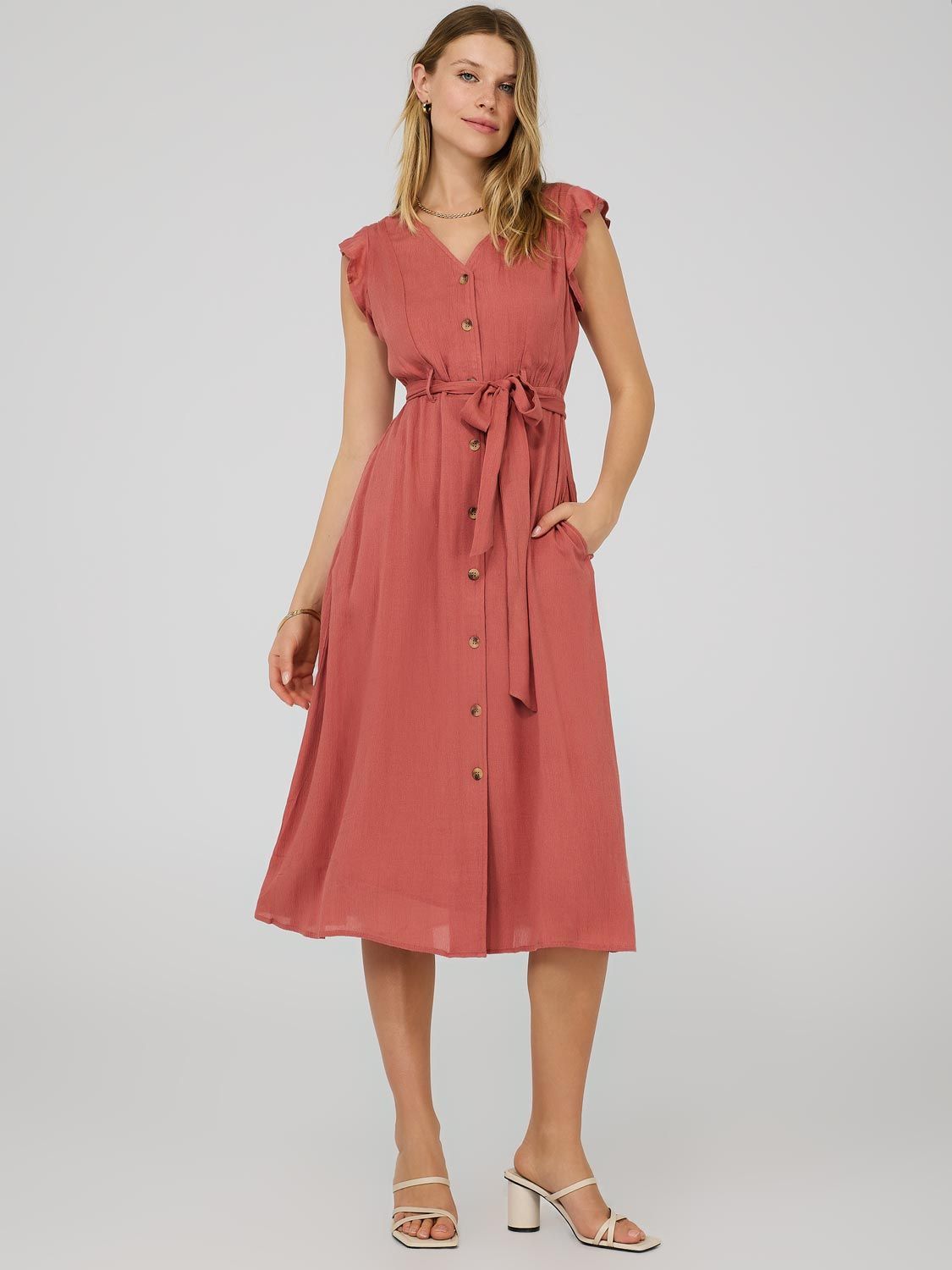 Flutter Sleeve Button-Front Midi Dress sold by Suzy Shier product image thumbnail 10