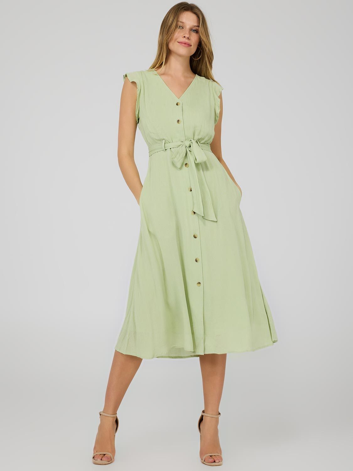 Flutter Sleeve Button-Front Midi Dress sold by Suzy Shier