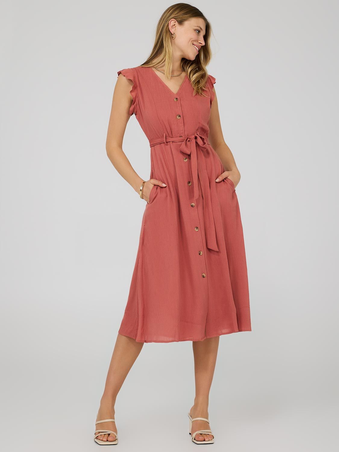 Flutter Sleeve Button-Front Midi Dress sold by Suzy Shier product image thumbnail 8
