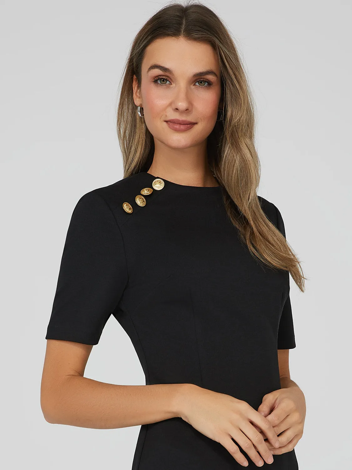 Knee Length Sheath Dress With Gold Buttons sold by Suzy Shier product image thumbnail 3