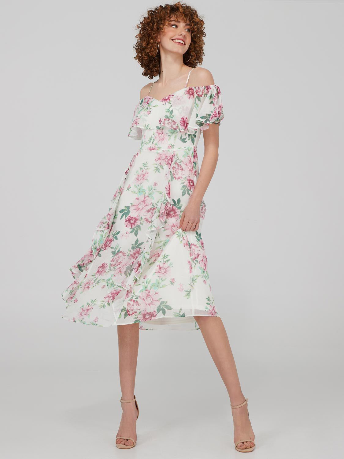 Floral Print Off-The-Shoulder Midi Dress With Ruffle Detail sold by Suzy Shier