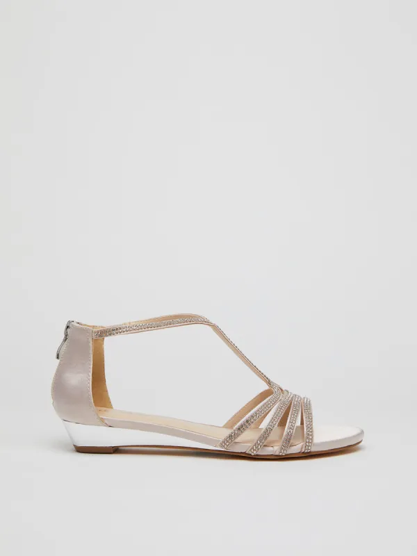 Jewelled Satin Round Toe T-Strap Wedge Sandal sold by Suzy Shier