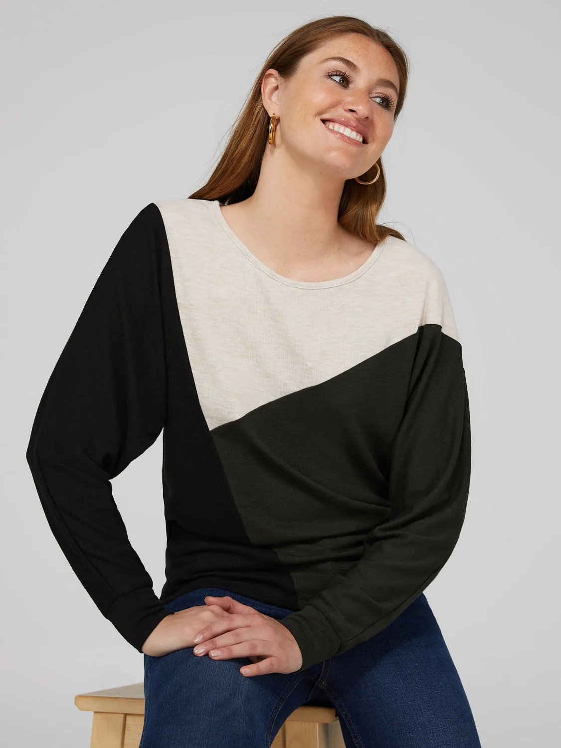Long Dolman Sleeve Colourblock Top sold by Suzy Shier