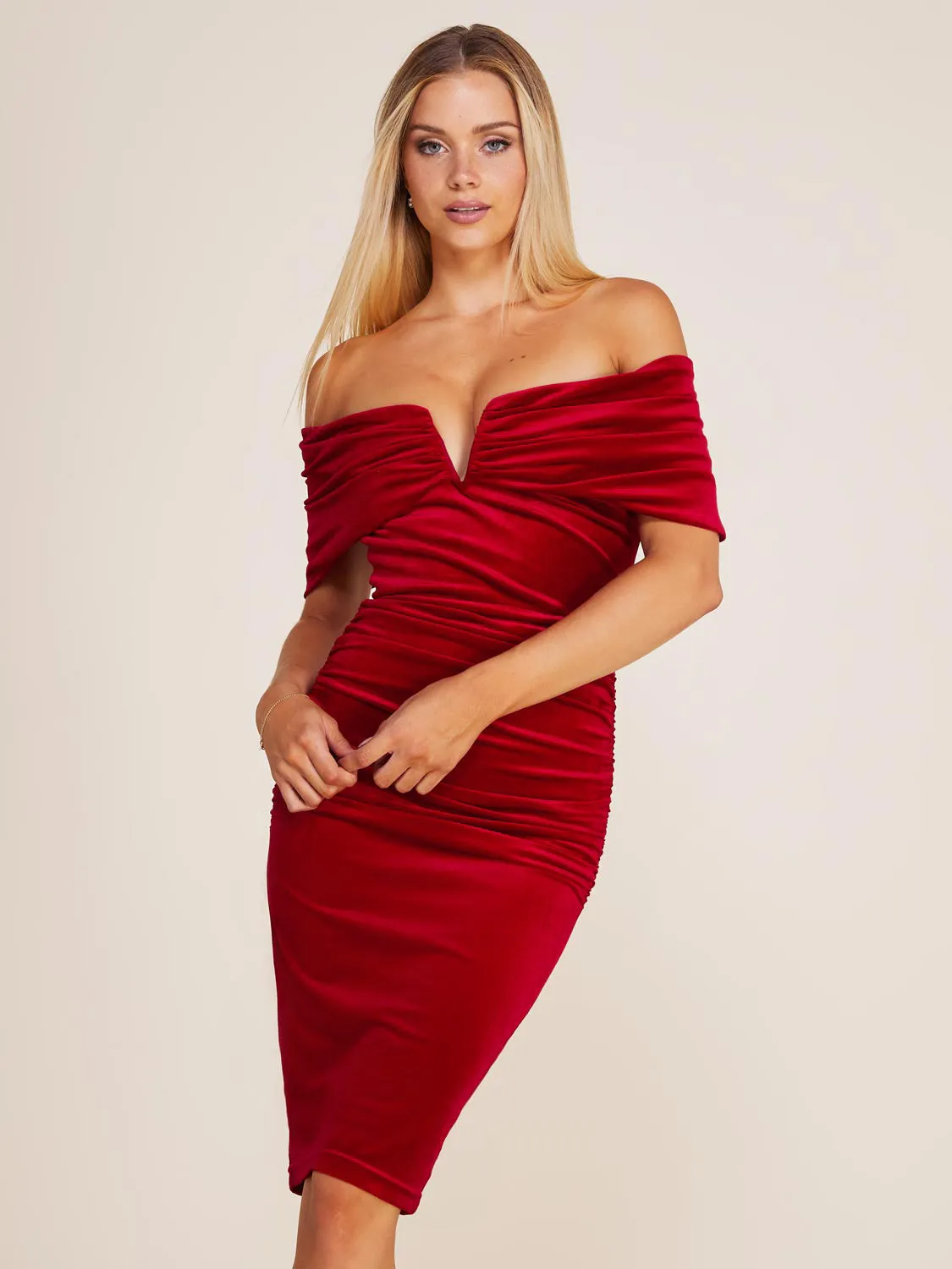Off-The-Shoulder Ruched Velvet Midi Dress sold by Suzy Shier product image thumbnail 3