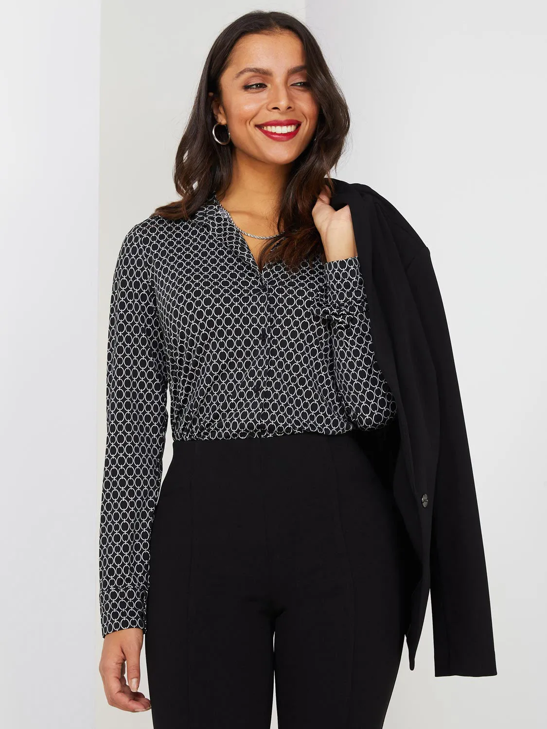 Geometric Print Button-Front Blouse sold by Suzy Shier