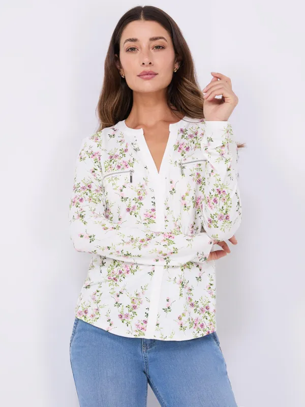 Floral Print Notch Collar Top sold by Suzy Shier