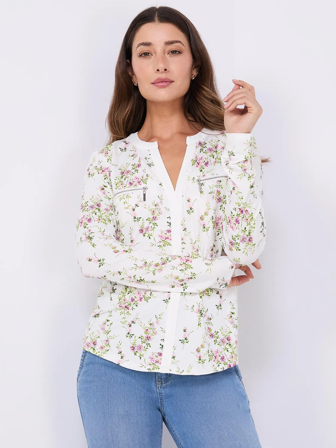Floral Print Notch Collar Top sold by Suzy Shier