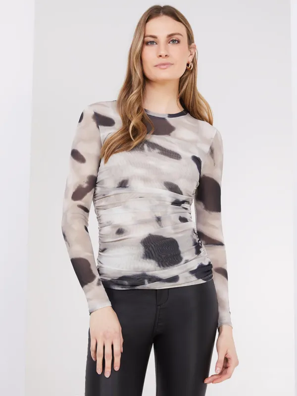 Abstract Print Mesh Top sold by Suzy Shier