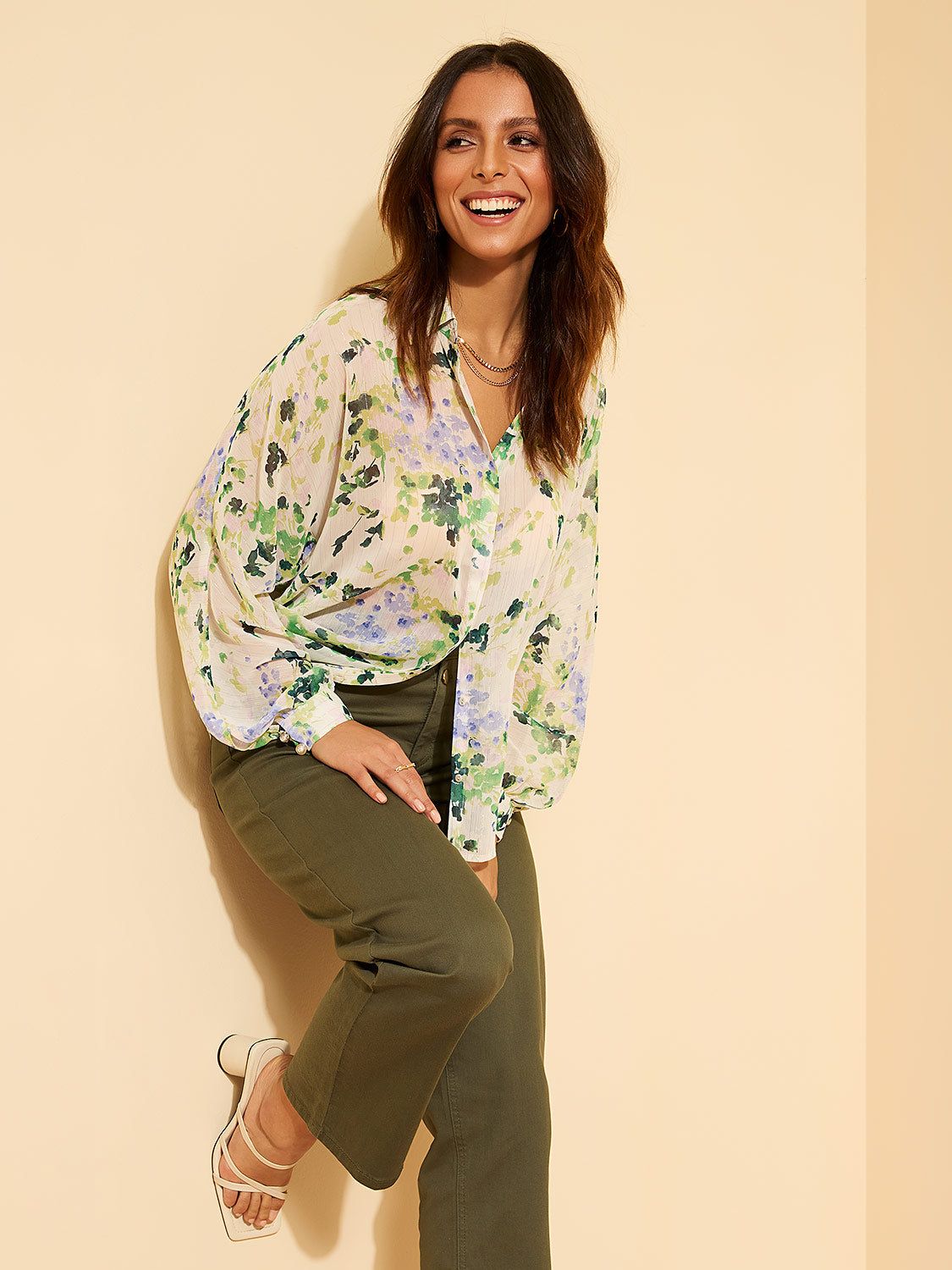 Crinkle Chiffon Button-Down Blouse sold by Suzy Shier