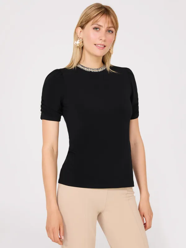 Short Puff Sleeve Boucle Neck Top sold by Suzy Shier