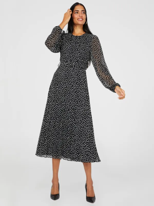 Printed Round Neck Midi Dress With Pleated Skirt sold by Suzy Shier