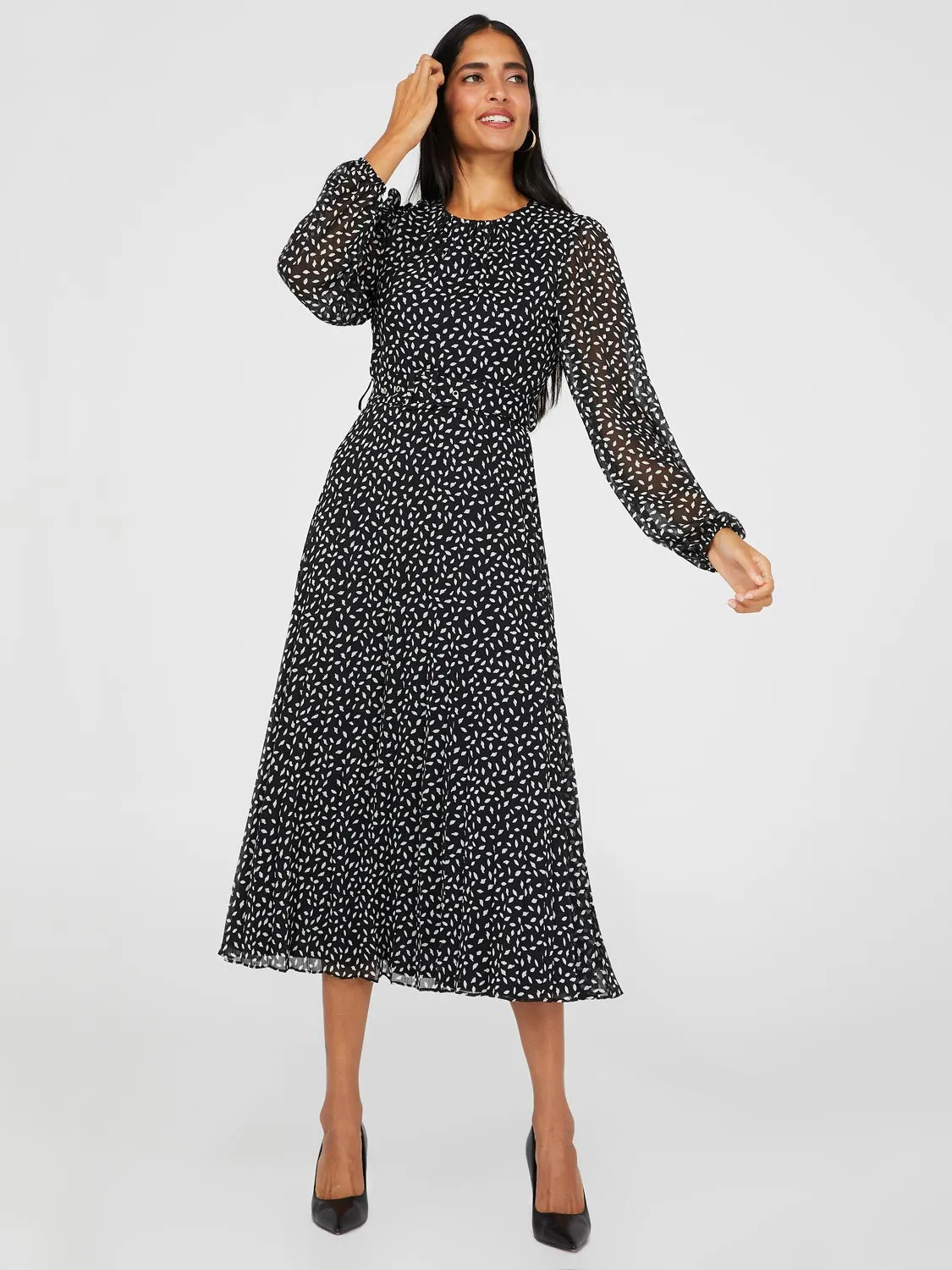 Printed Round Neck Midi Dress With Pleated Skirt sold by Suzy Shier