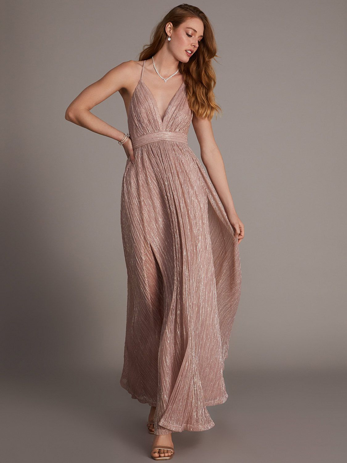Sleeveless Metallic V-Neck Gown sold by Suzy Shier