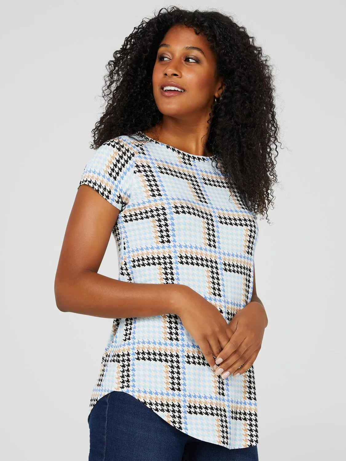 Plaid Raglan Sleeve Top With Rounded Hem sold by Suzy Shier