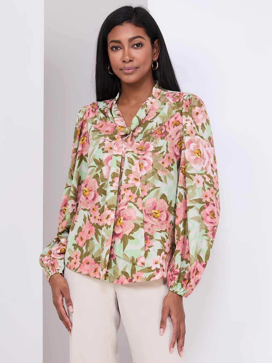 Printed Popover Bow Blouse sold by Suzy Shier