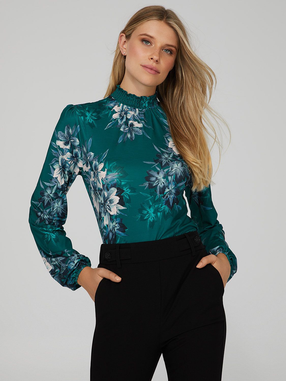 Floral Bubble Sleeve Mock Neck Top sold by Suzy Shier