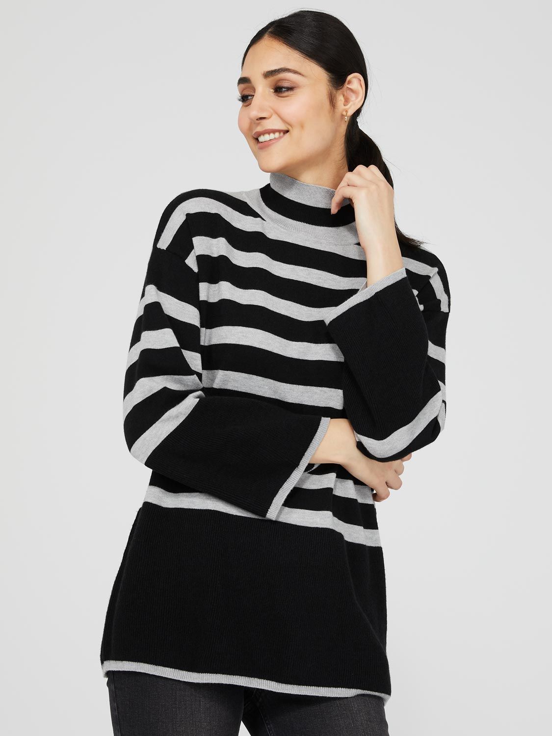 Striped Wide Sleeve Mock Neck Sweater sold by Suzy Shier