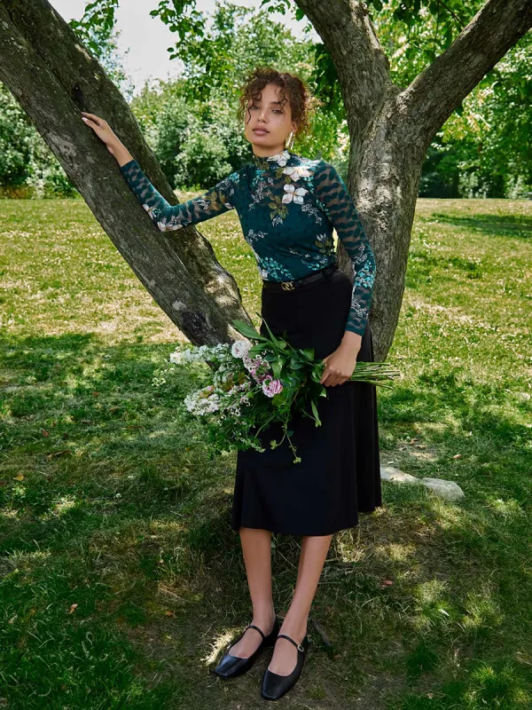 Lace Floral Print Mock Neck Top sold by Suzy Shier