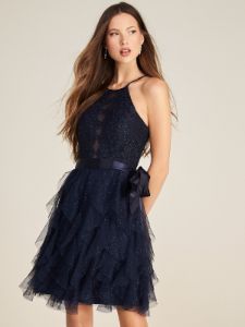Lace Halter Neck Fit & Flare Mini Dress With Sparkle Mesh Skirt sold by Suzy Shier