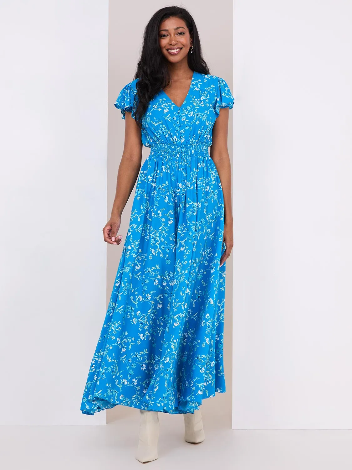 Floral Print Flutter Sleeve Maxi Dress sold by Suzy Shier
