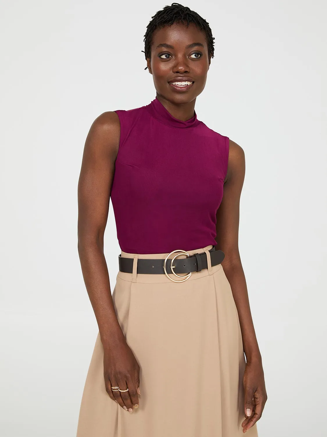 Sleeveless Mock Neck Mesh Top sold by Suzy Shier