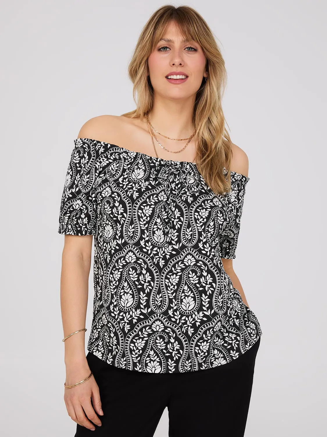 Paisley Print Off-The-Shoulder Top With Drawstring sold by Suzy Shier