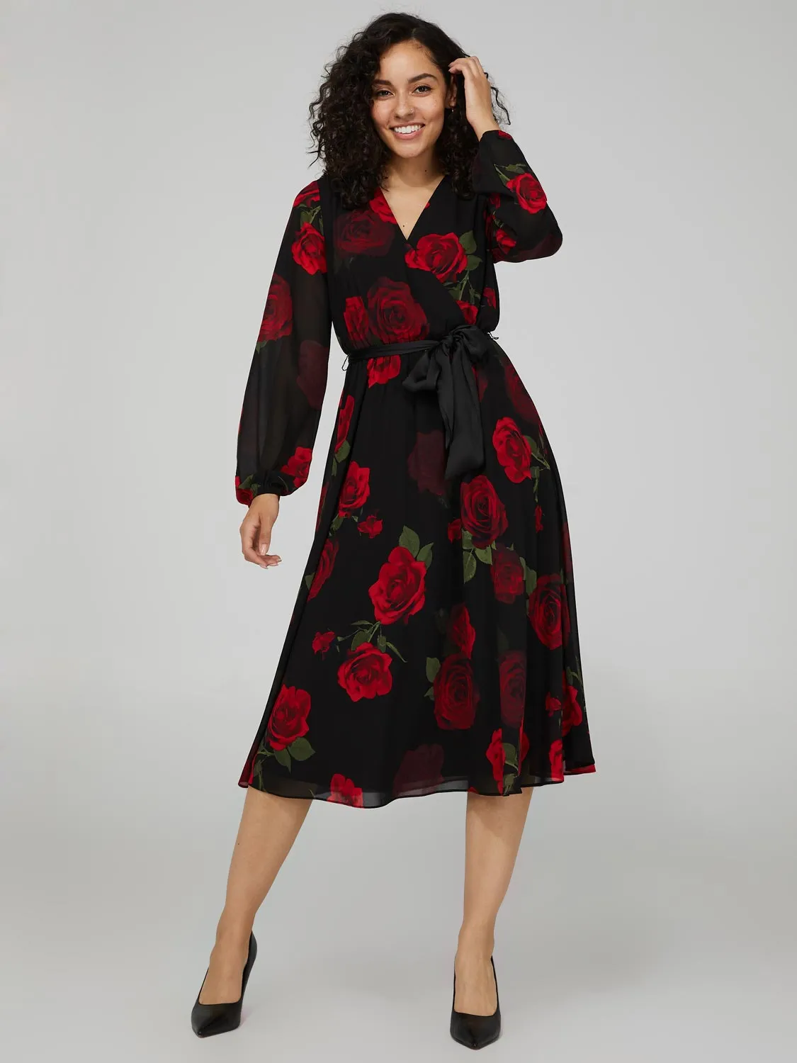 Floral Print Chiffon Cross-Front Midi Dress sold by Suzy Shier