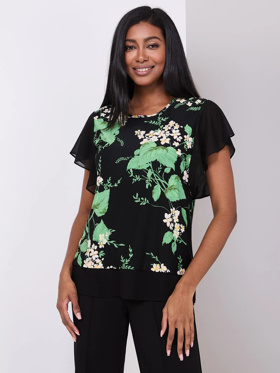 Floral Print 2-Fer Chiffon Crew Neck Top sold by Suzy Shier