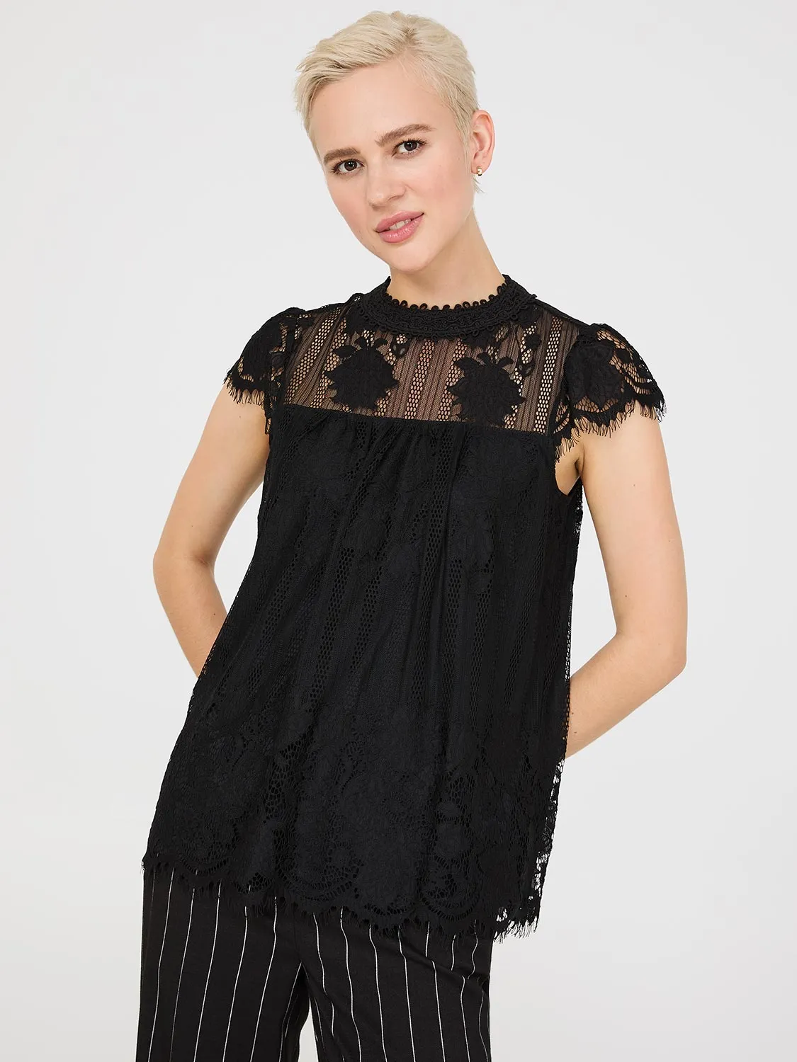 Lace Cap Sleeve Top With Crochet Detail sold by Suzy Shier