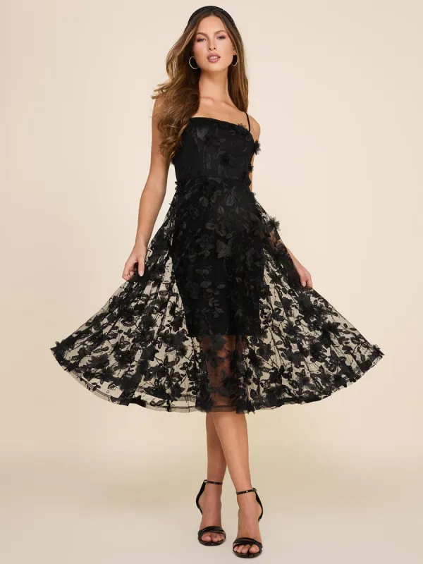 Flower Applique On Mesh Fit & Flare Midi Cocktail Dress sold by Suzy Shier