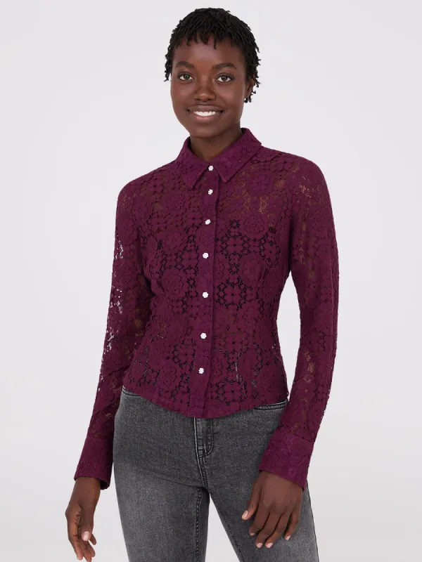 Lace Button-Front Fitted Blouse sold by Suzy Shier