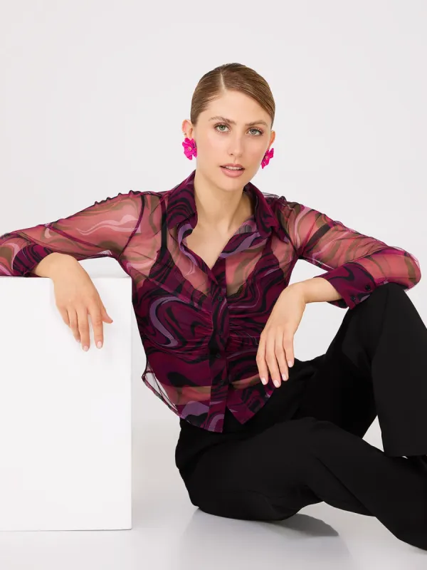 Abstract Print Ruched Button-Front Mesh Blouse sold by Suzy Shier