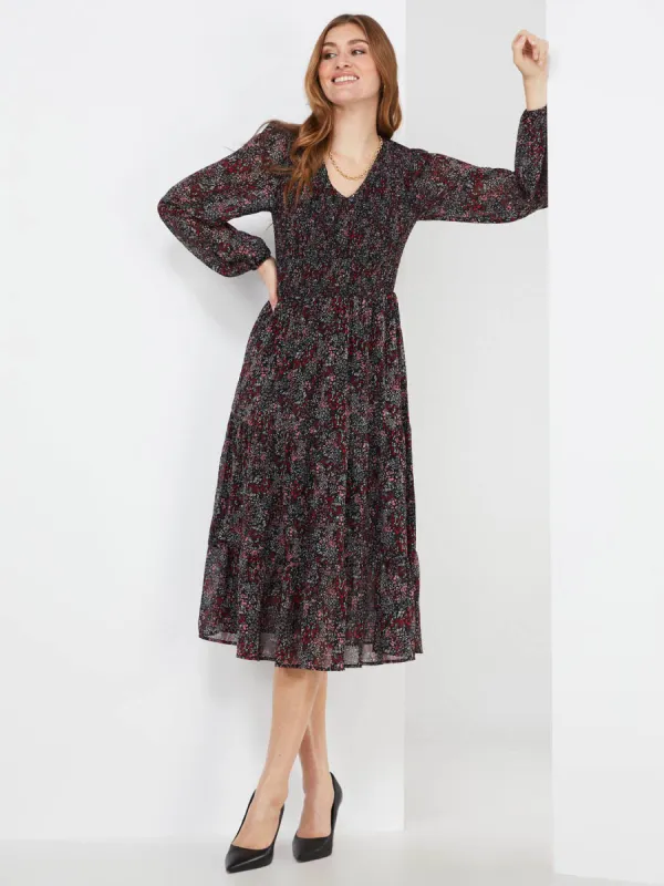 Printed Smocked V-Neck Midi Dress sold by Suzy Shier